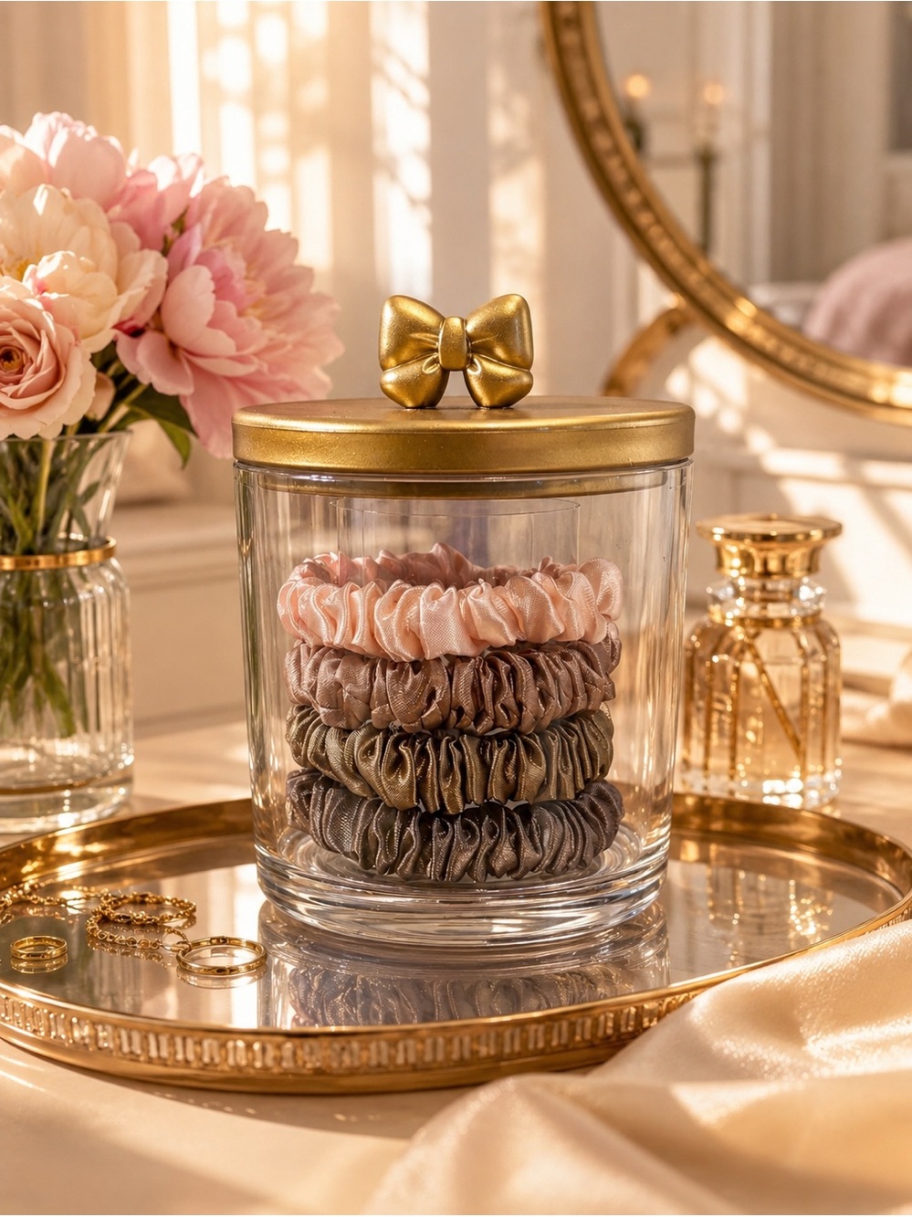 Gold Bow Jar with Neutral Satin Scrunchies